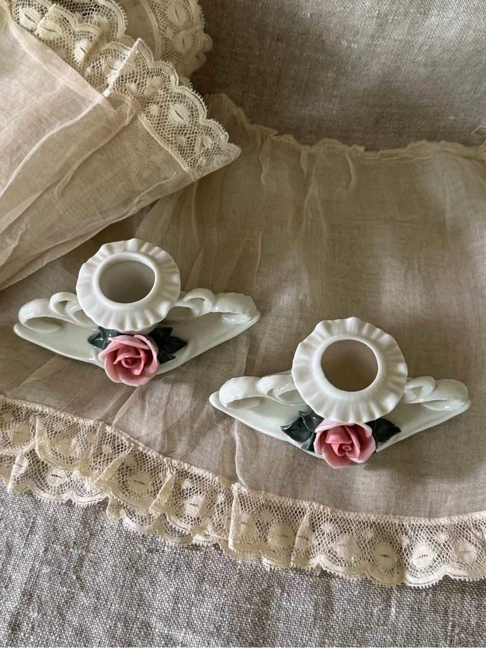 Karl Ens Germany vintage pink roses porcelain candleholders